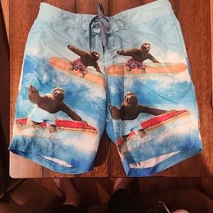 Walnut & 39th Mens Blue Sloth Wave Surfing Surf Board E-Board Swim Trunks Large